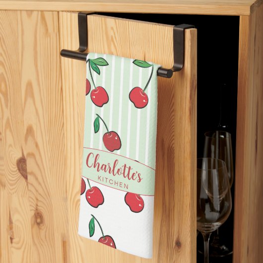 Retro Cherries Red White Green Modern Stripe  Geschirrtuch (Drittel gefaltet)