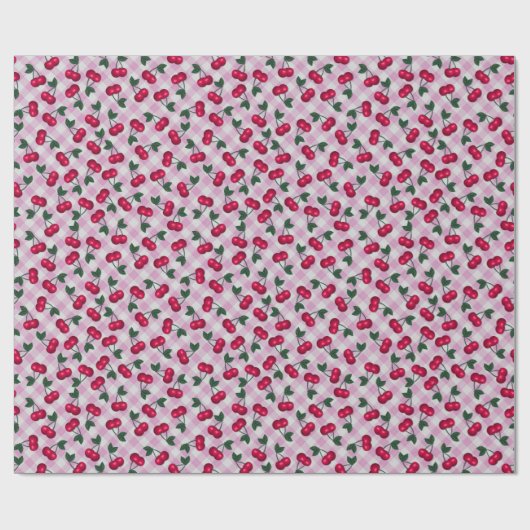 Retro Cherries über Pink Gingham Geschenkpapier (Flach)
