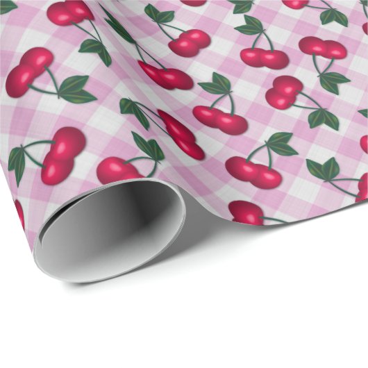 Retro Cherries über Pink Gingham Geschenkpapier (Rolleneckpunkt)
