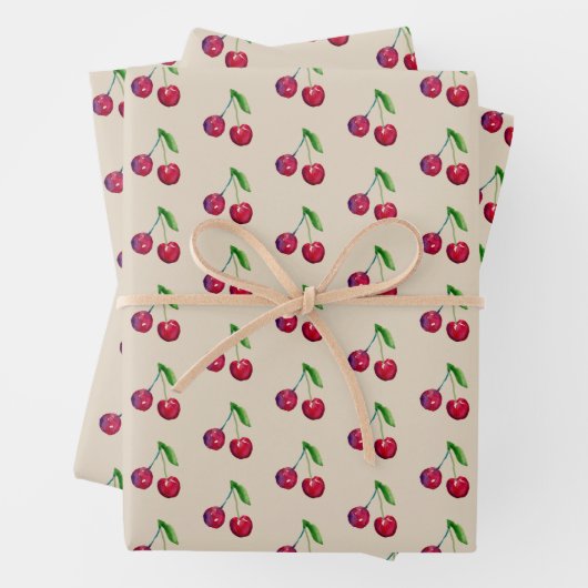 Retro Cherries Verpackung Hübsche Taupe Weihnachte Geschenkpapier Set (Beispiel)