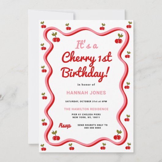 Retro Cherry 1. Geburtstag Einladung (Vorderseite)