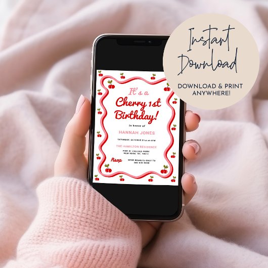Retro Cherry 1. Geburtstag Einladung