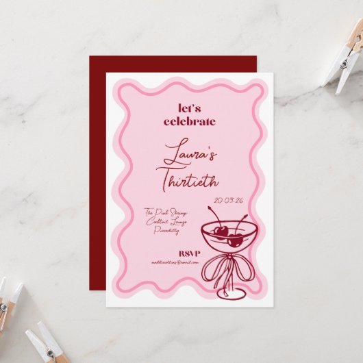 Retro Cherry Cocktail 30th Birthday Invite Bows Einladung (Vorderseite/Rückseite Beispiel)