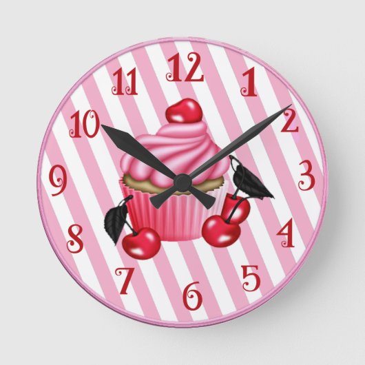Retro Cherry Cupcake Wall Runde Wanduhr (Vorderseite)