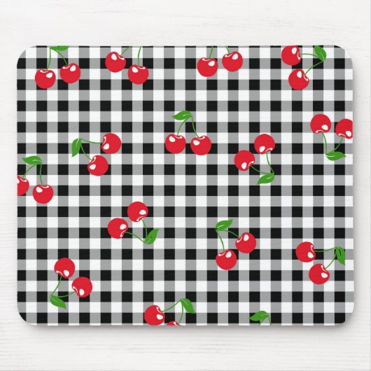 Retro Cherry Gingham Niedlich Red & Black Checked Mousepad (Vorne)