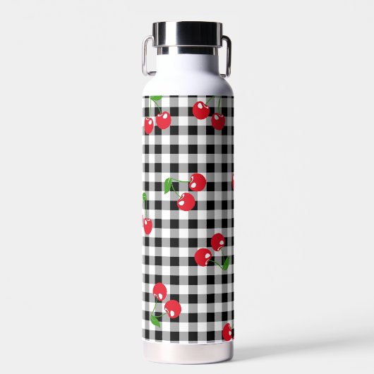 Retro Cherry Gingham Niedlich Red & Black Checked Trinkflasche (Vorne)