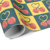 Retro Cherry Heart Shaped Stems Teal Mustard Check Geschenkpapier (Rolleneckpunkt)