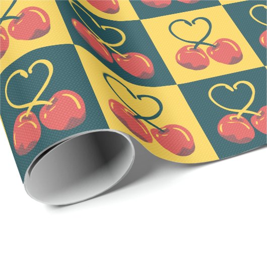 Retro Cherry Heart Shaped Stems Teal Mustard Check Geschenkpapier (Rolleneckpunkt)