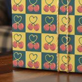 Retro Cherry Heart Shaped Stems Teal Mustard Check Geschenkpapier