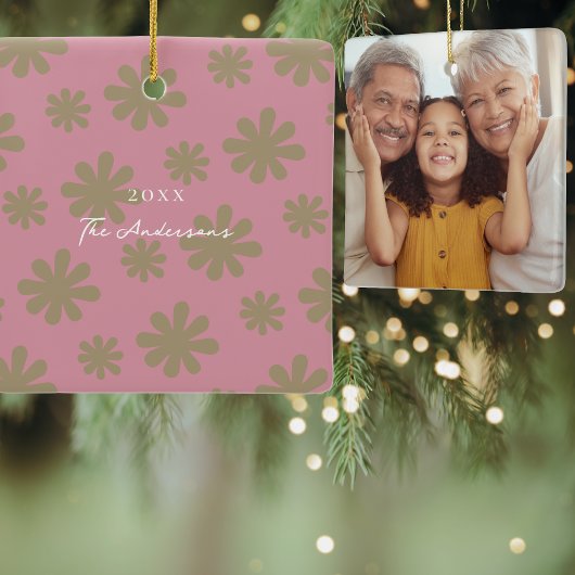 Retro Chic 70er Pink und Gold Floral Family Foto Keramikornament