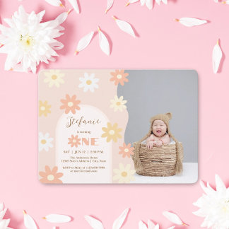 Retro Chic Bohemisch Daisy 1. Geburtstag Baby Foto Einladung