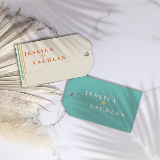 Retro Chic Design mit farbenfrohen Streifen Hochze Geschenkanhänger