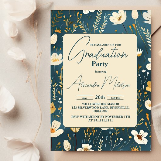 Retro chic Floral Graduation Party Einladung