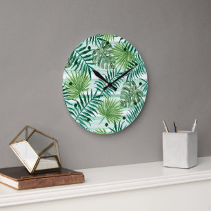 Retro Chic Green Palm Blätter Wasserfarben Kunst Große Wanduhr