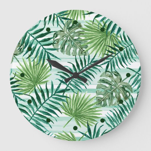 Retro Chic Green Palm Blätter Wasserfarben Kunst Große Wanduhr (Vorderseite)