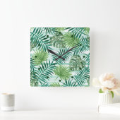 Retro Chic Green Palm Blätter Wasserfarben Kunst Quadratische Wanduhr (Zuhause)