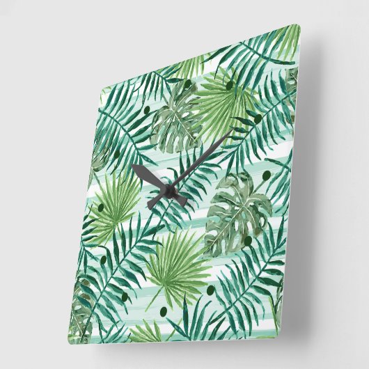 Retro Chic Green Palm Blätter Wasserfarben Kunst Quadratische Wanduhr (Winkel)