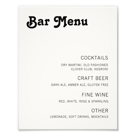 Retro Chic Modern Bar Menu Fotodruck (Vorne)