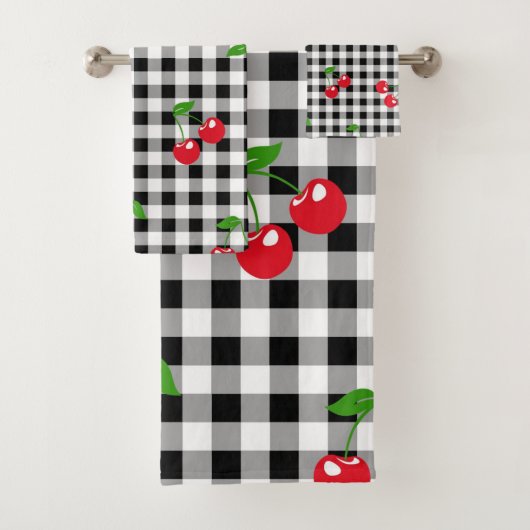 Retro Chic Niedlich Red Cherry Black & White Gingh Badhandtuch Set (Insitu)