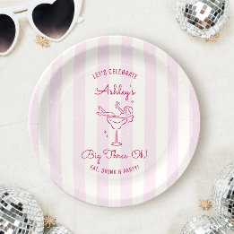 Retro Chic Pink Hand Drawn Cocktail 30th Birthday Pappteller