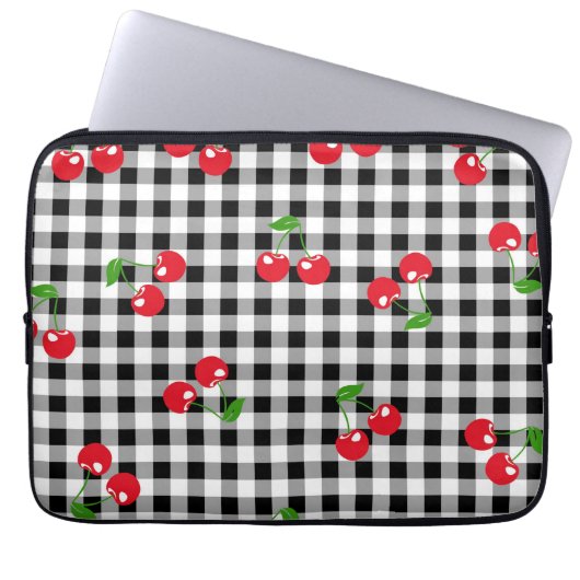 Retro Chic Red Cherry & Schwarz-weiß Gingham Trend Laptopschutzhülle (Vorderseite)