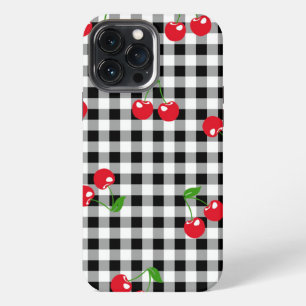 Retro Chic Süße Rote Kirsche Schwarz & Weiß Gingha iPhone 13 Pro Max Hülle