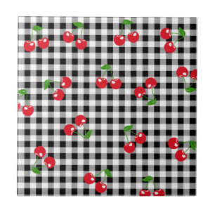 Retro Chic Süße Rote Kirsche Schwarz Weiß Gingham Fliese