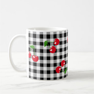 Retro Chic Süße Rote Kirsche Schwarz Weiß Gingham Kaffeetasse