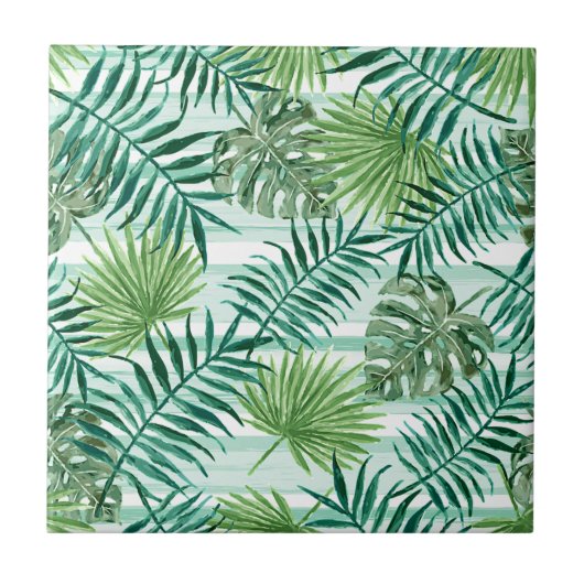 Retro Chic Tropical Green Palm Blätter Art Pattern Fliese (Vorderseite)