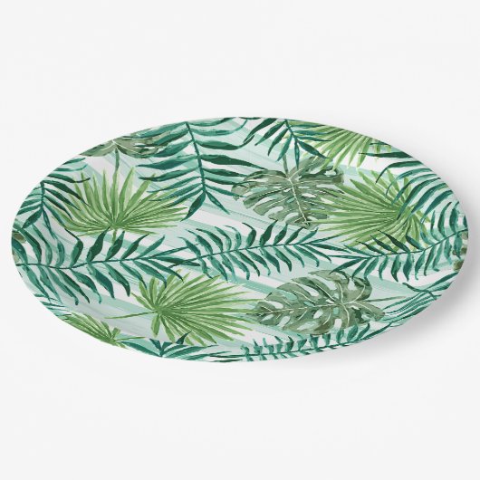 Retro Chic Tropical Green Palm Blätter Art Pattern Pappteller (Schrägansicht)