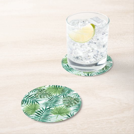 Retro Chic Tropical Green Palm Blätter Art Pattern Runder Pappuntersetzer (Vor Ort)