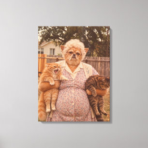 Retro Chihuahua-Oma hält zwei wütende Katzen Leinwanddruck