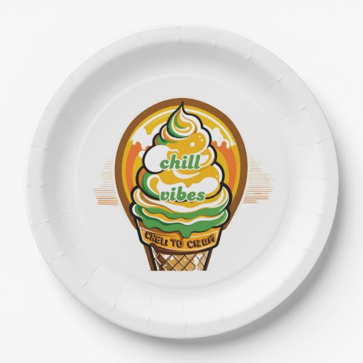 Retro Chill Vibes Ice Cream Sticker - Summer Sunbu Pappteller (Vorderseite)