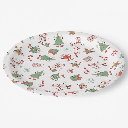 Retro Chillin' mit meinen Schneemassen Weihnachten Pappteller (Schrägansicht)