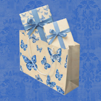 Retro Chinoiserie Blue Butterfells Blush Ivory Große Geschenktüte