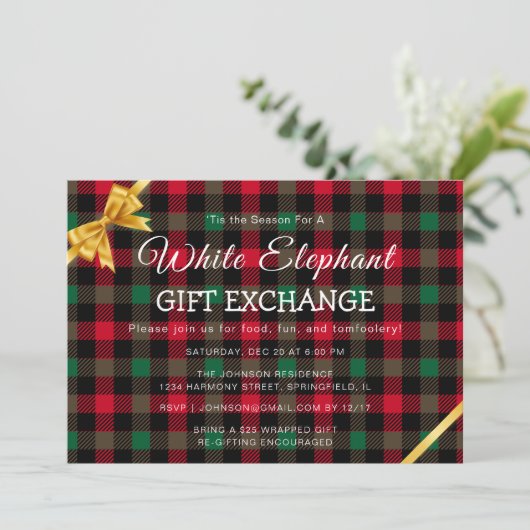 Retro Chrismas Karierte White Elephant Geschenkbör Einladung (Stehend Vorderseite)