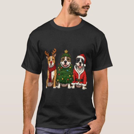 Retro Christmas American Bully Santa Reindeer Dog  T-Shirt (Vorderseite)