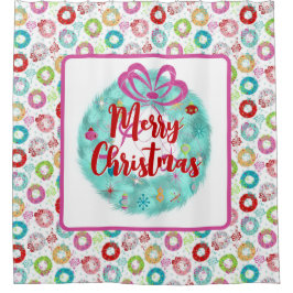 Retro Christmas Aquamarin Wreath Duschvorhang