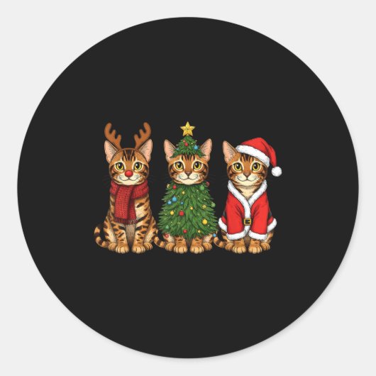 Retro Christmas Bengal Cat Santa Reindeer Runder Aufkleber (Vorderseite)