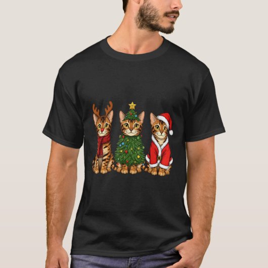Retro Christmas Bengal Cat Santa Reindeer T-Shirt (Vorderseite)