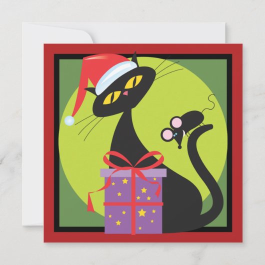Retro Christmas Black Cat Black Mouse Einladung (Rückseite)