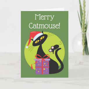 Retro Christmas Black Cat Black Mouse Feiertagskarte