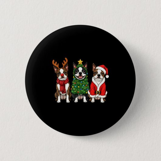 Retro Christmas Boston Terrier Santa Reindeer Dog Button (Vorderseite)