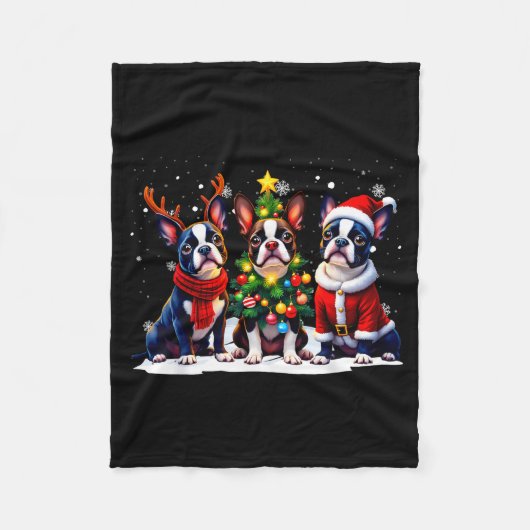 Retro Christmas Boston Terrier Santa Reindeer Dog Fleecedecke (Vorderseite)