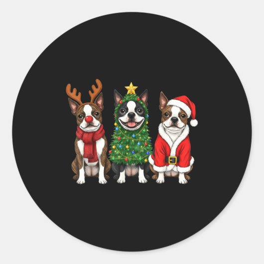 Retro Christmas Boston Terrier Santa Reindeer Dog Runder Aufkleber (Vorderseite)