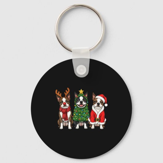 Retro Christmas Boston Terrier Santa Reindeer Dog  Schlüsselanhänger (Vorderseite)
