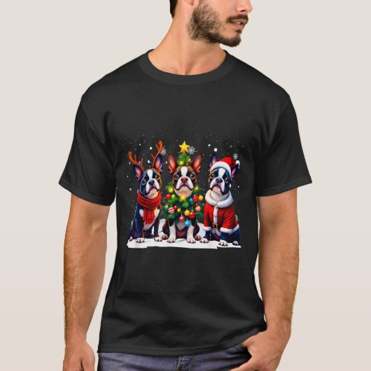 Retro Christmas Boston Terrier Santa Reindeer Dog T-Shirt (Vorderseite)