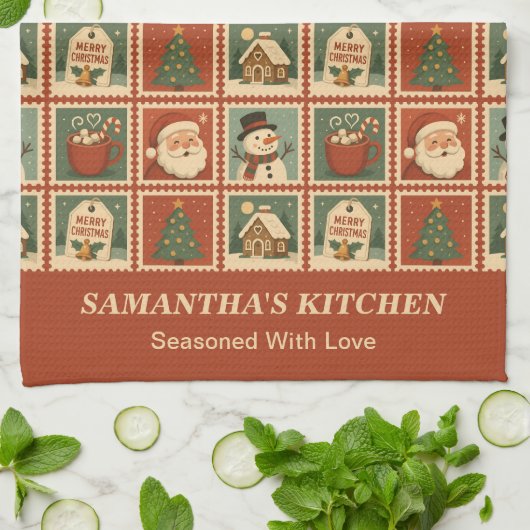 Retro Christmas Briefmarke Collage Geschirrtuch (Gefaltet)