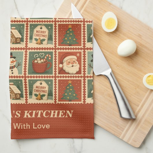 Retro Christmas Briefmarke Collage Geschirrtuch (Viertel Falte)