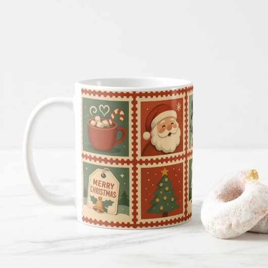Retro Christmas Briefmarke Collage Holiday Tasse (Mit Donut)